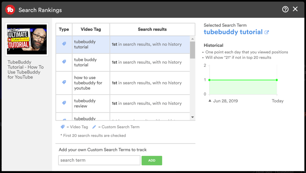 Search Ranking window on TubeBuddy.