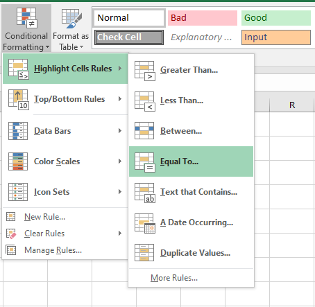 Conditional formatting equal to value Excel