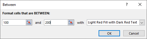 Conditional formatting between values of Excel