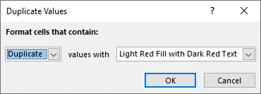 Conditional formatting duplicate values of selected cells Excel