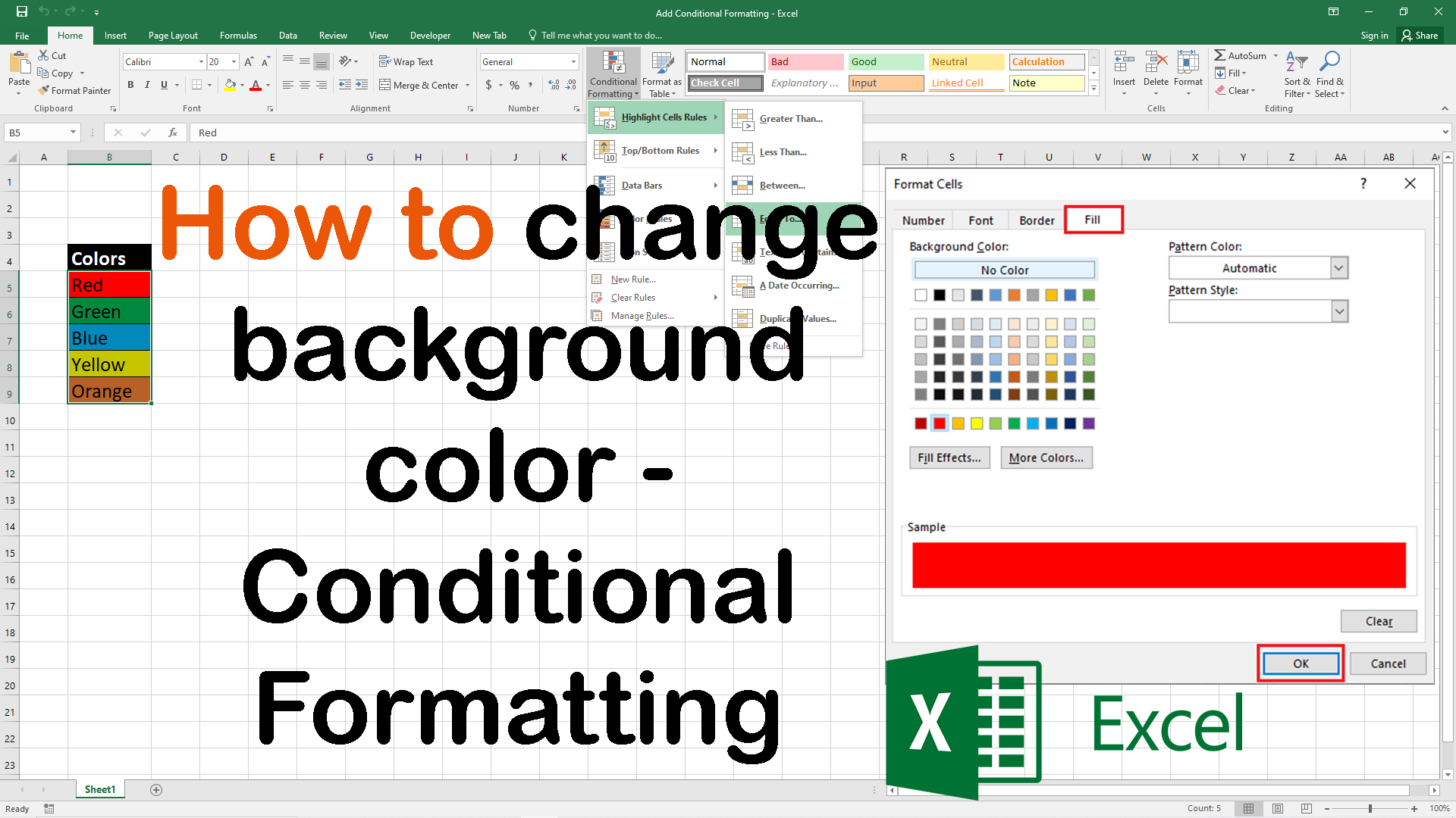 How to change the background color of a cell base on the value in Excel