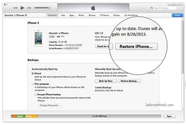 Restoring the device through iTunes.