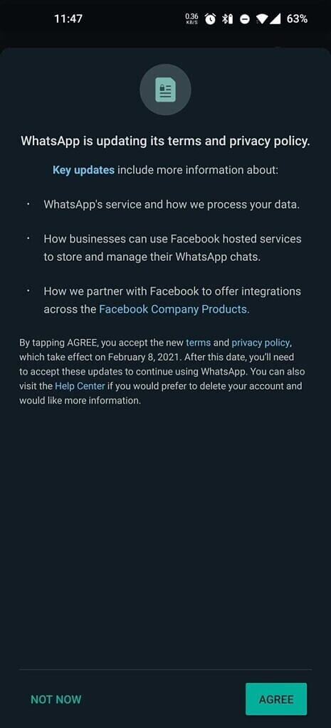 Whatsapp privacy policy update in-app notice.