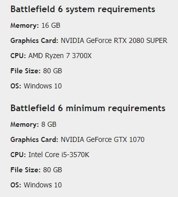 Battlefield 6 system requirements.