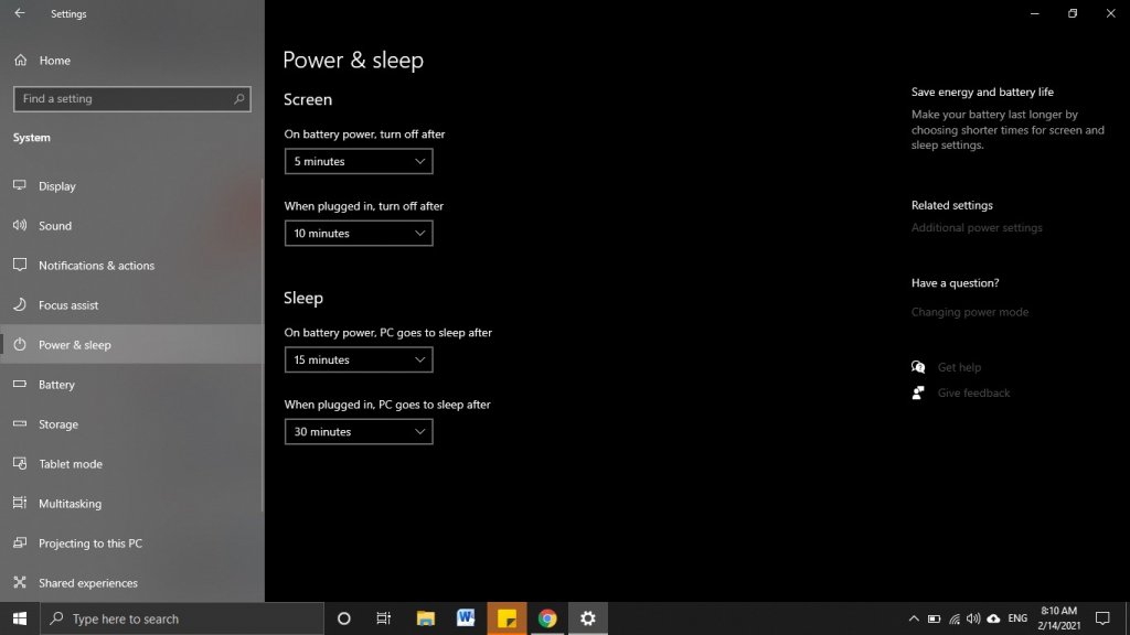 Select Power & Sleep to turn off auto sleep Windows 10