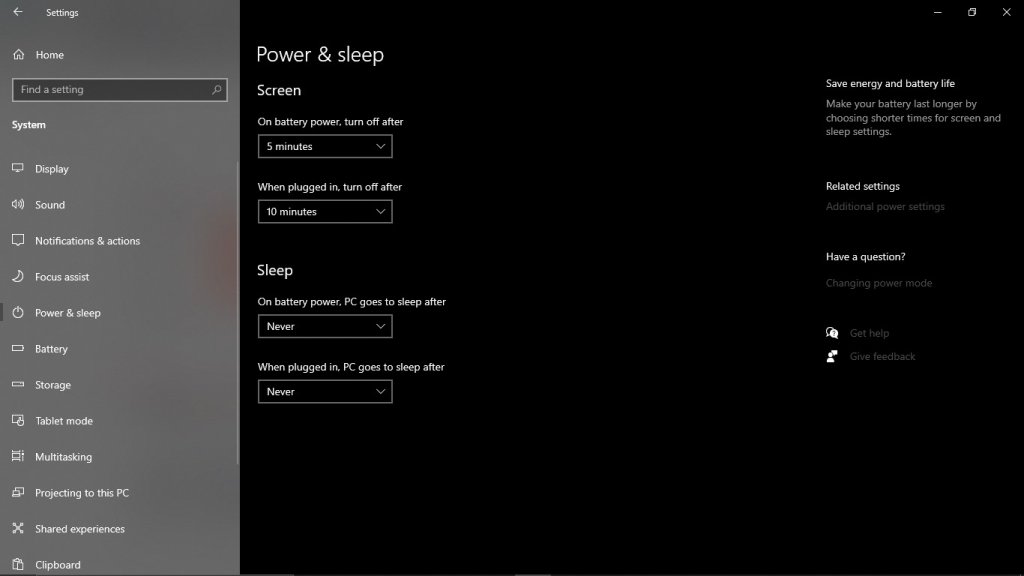 Put Never to turn off sleep mode on Windows 10