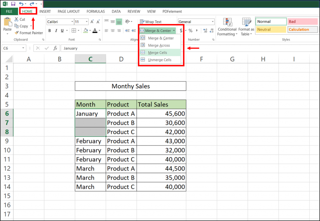 merge cells in excel