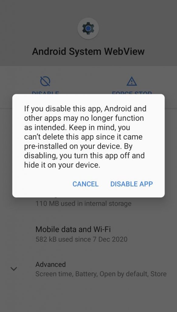 If Android System WebView is a System Application, Disable the Appliction.