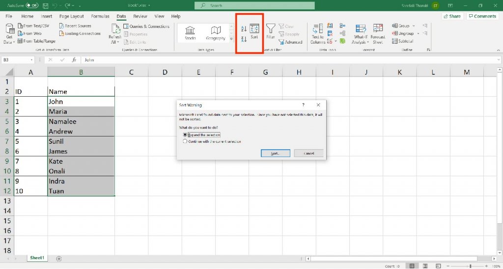 Alphabetize in Excel - Sort warning