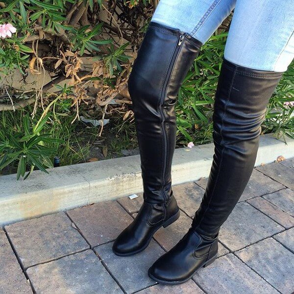 Over The Knee Dress Boots - Black Flat