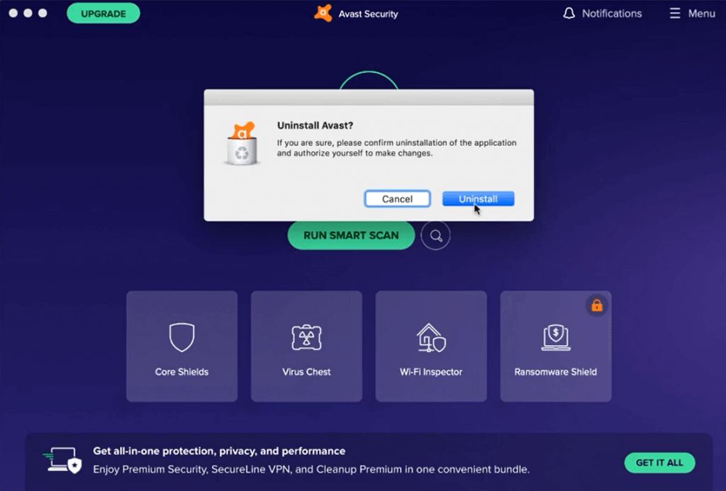 Uninstall Avast on Mac - click uninstall