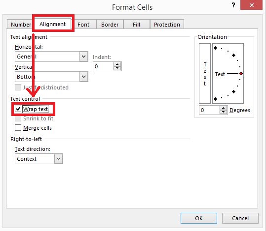 Wrap text in Excel using Format Cells dialog box
