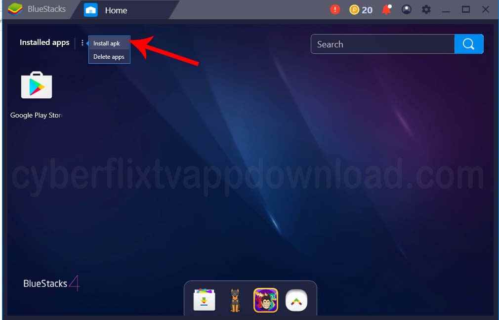 Click "Install APK" on BlueStacks to install Cyberflix for PC