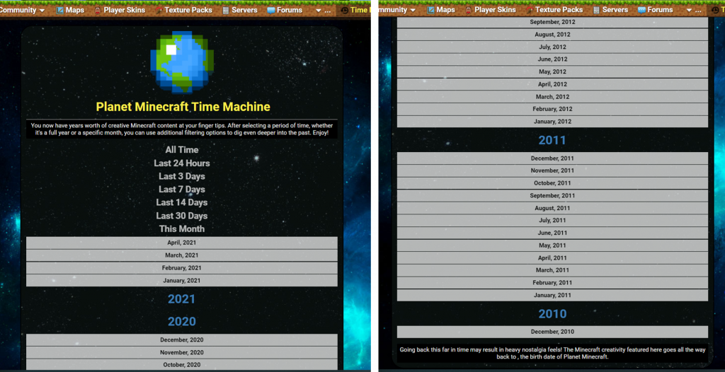 Time Machine feature of Planet Minecraft