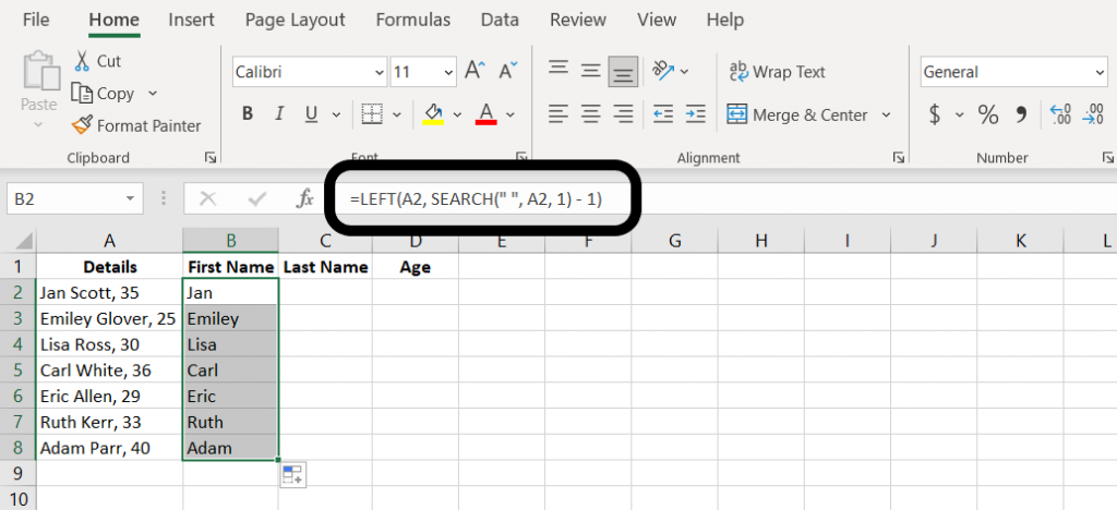 This image indicates the step 1 of method 3 in split cells in excel