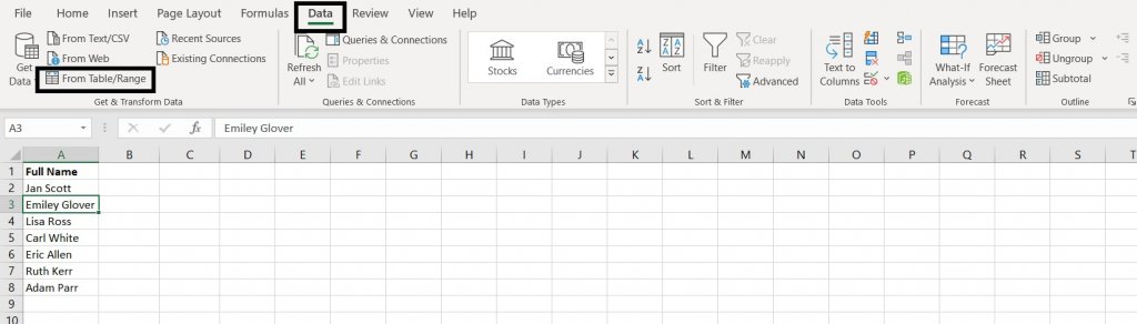 This image indicates the step 1 of method 4 in split cells in excel