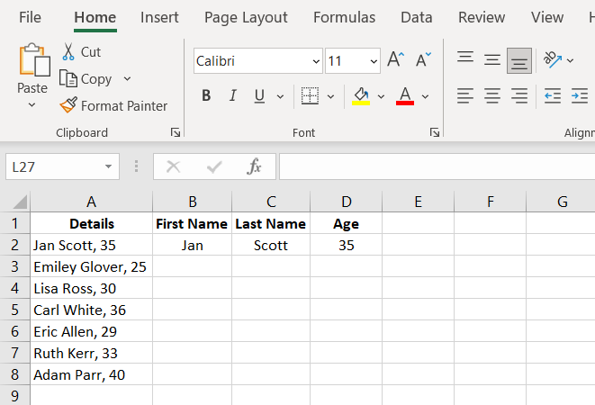 Image of Step 1 of method 2 in split cells in excel