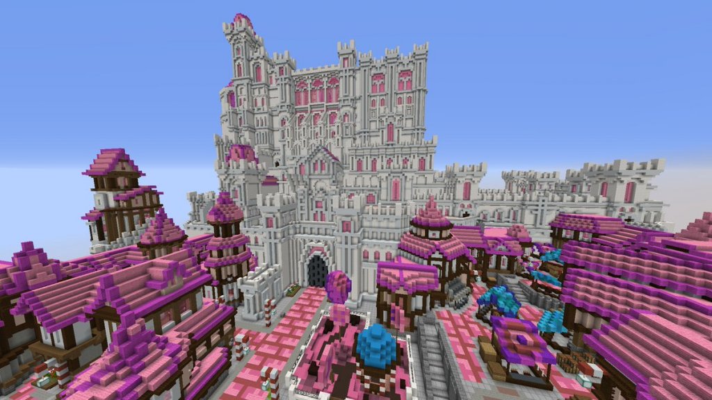 A pink Minecraft castle