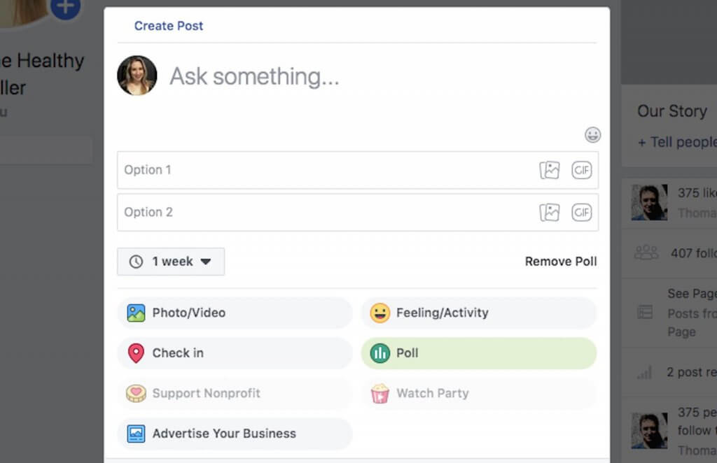 Click on poll tab to create a poll on Facebook.
