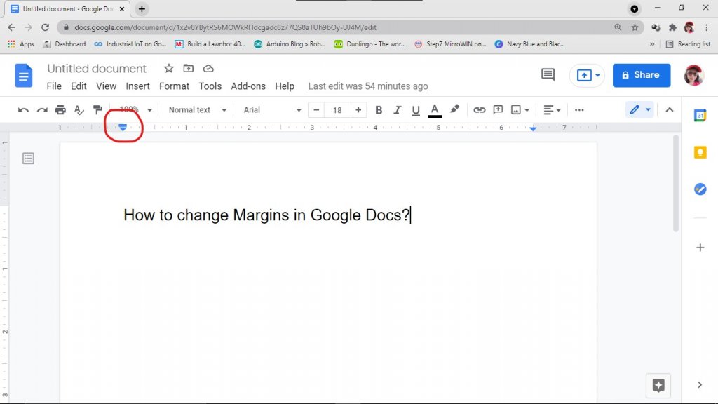 To change margins in Google Docs use the pointer in the ruler.