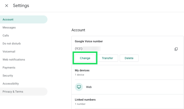 Click change to change Google Voice number