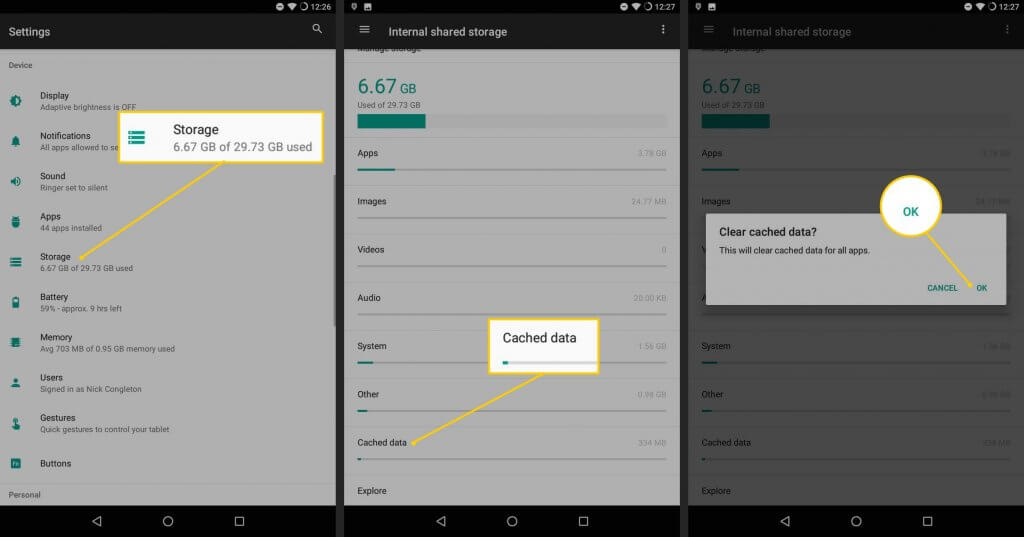 Clear cache data to free up storage & empty trash on Android