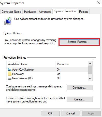 Create a restore point - System Restore