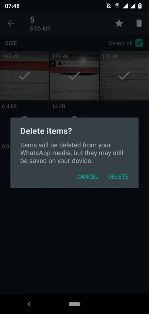 Press Delete on the pop-up to delete media files to empty trash on Android