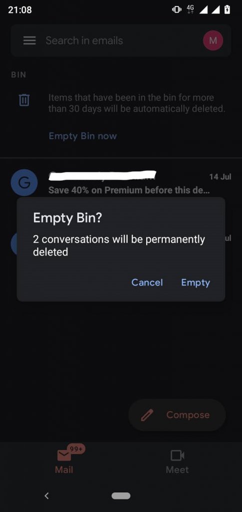 "Empty Bin" pop-up - how to empty trash on Android