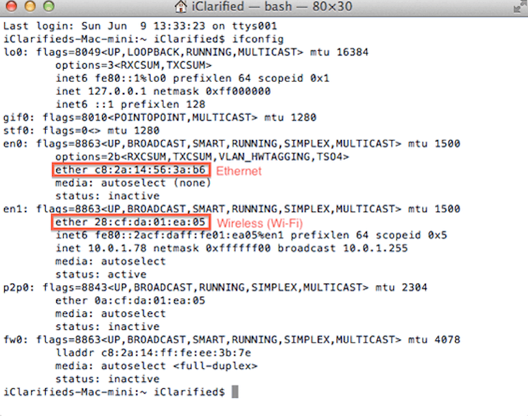 Find MAC address using Terminal