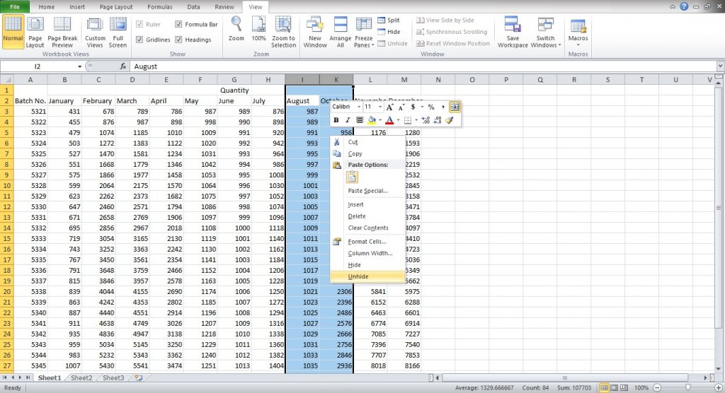 Unhide columns in Excel