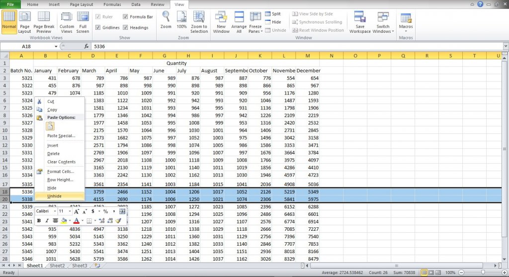 Unhide rows in Excel