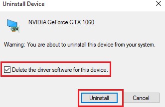 Uninstall Device confirmation related to uninstalling Nvidia drivers