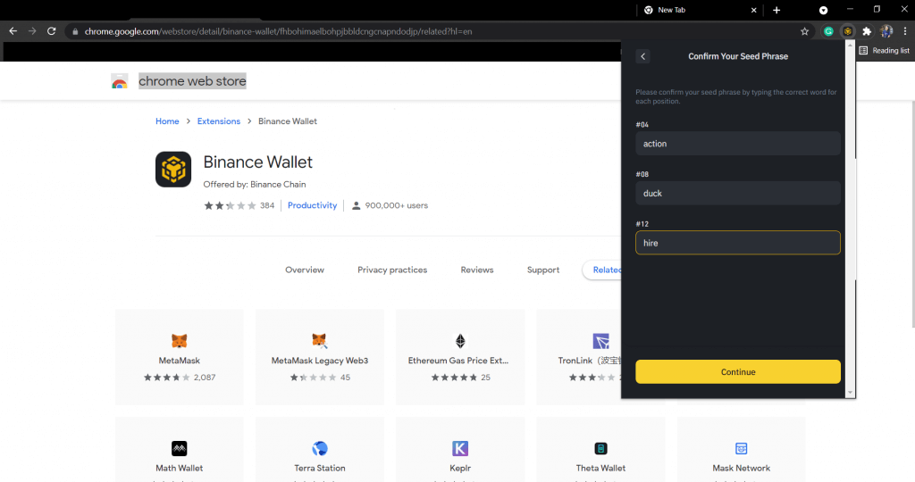 Confirm BSC wallet seed phrases.