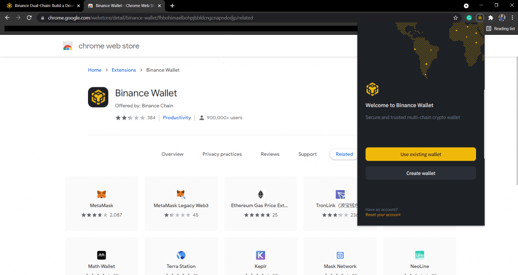 Welcome window in Binance wallet extension.