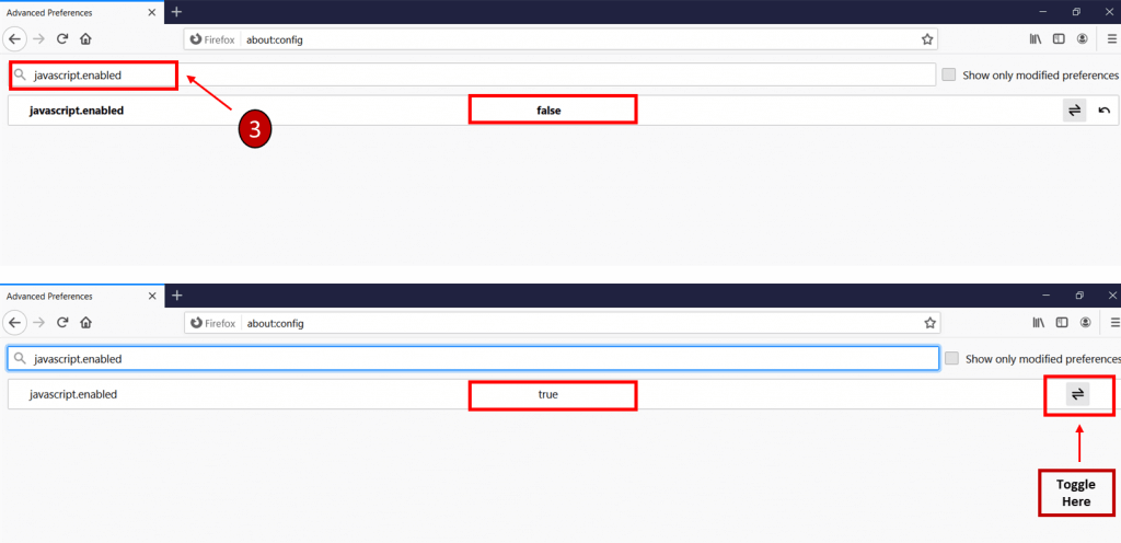 Search for: javascript.enabled and toggle.