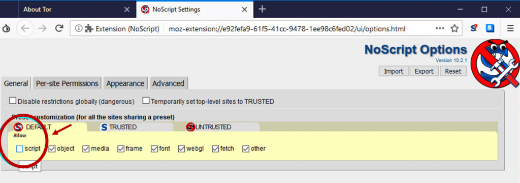 NoScript options to disable JavaScript in Tor browser.