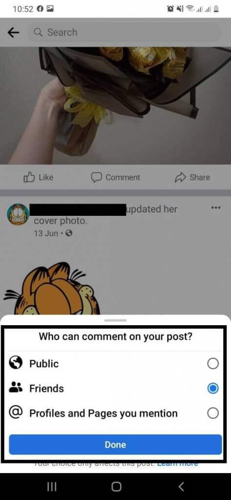  pop-up window about 'Who can comment on your post?'.