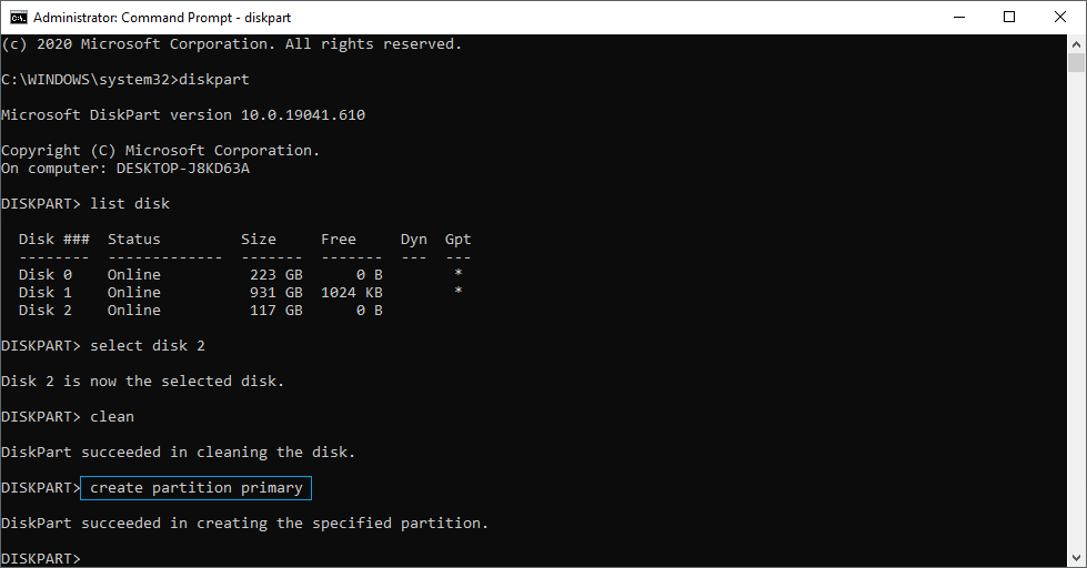 create partition primary - diskpart