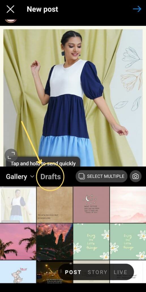 Click 'drafts' from the Menu - Find drafts on instagram