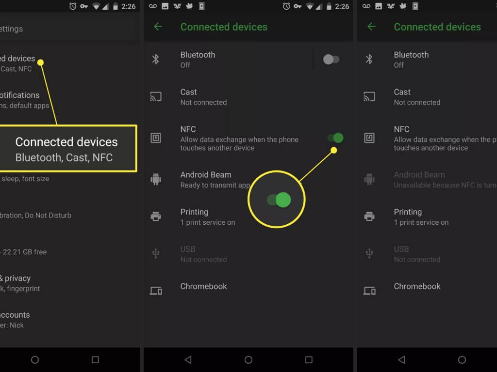 Go through Connected Devices to turn on NFC on Android