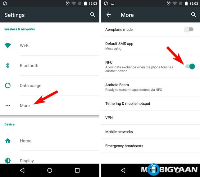 Go through Wireless & Networks to activate NFC