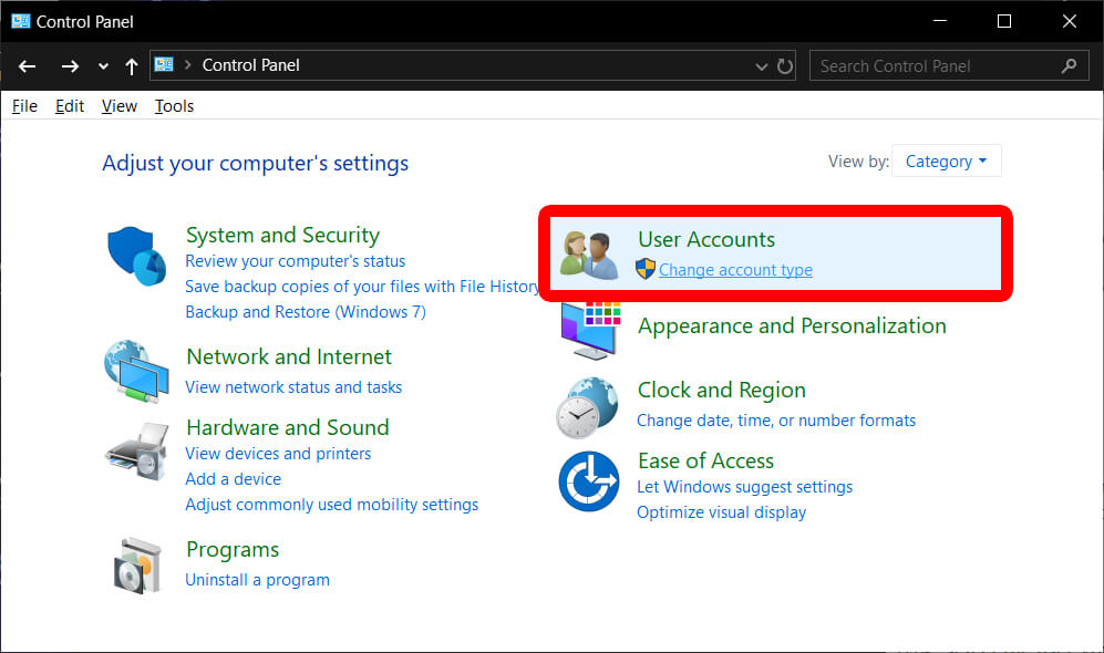 Click on Change Account Type to change the Administrator Name on Windows 10