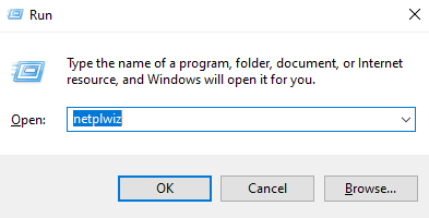 Type "netplwiz" on Run Command Box