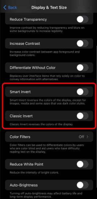 Select either Smart Invert or Classic Invert