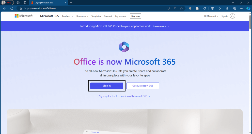Option of Microsoft official account to get Microsoft 365 free.