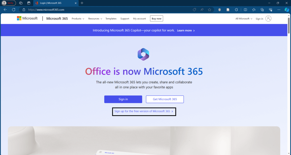Sign up option of Microsoft official account to get Microsoft 365 free.