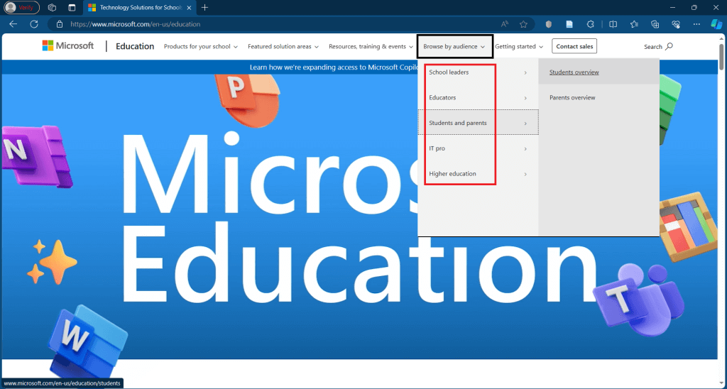 Selecting audience category to get office 365 education