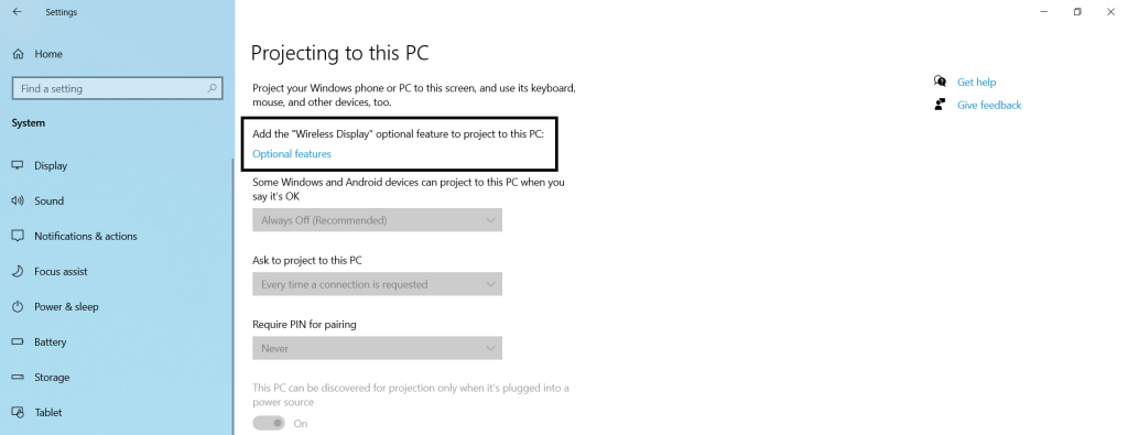 Image shows how to access the Wireless Display option