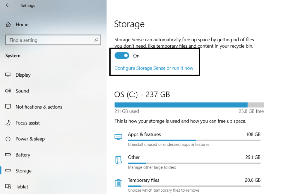 Image about how to turn on Storage Sense and customize the settings to clean cache & junk from windows